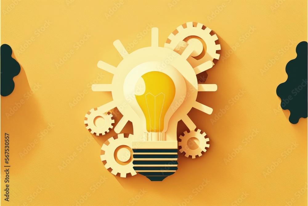 Illustration of light bulb with gears on yellow background, ideas concept. Generative AI Illustration of light bulb with gears on yellow background, ideas concept. Generative AI