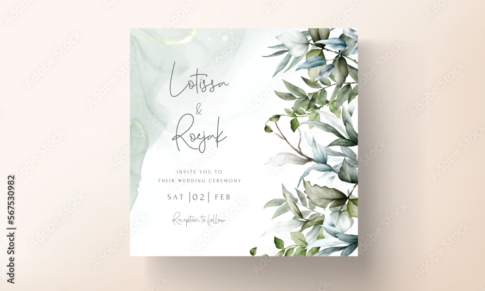 Wedding invitation card template with watercolor leaves
