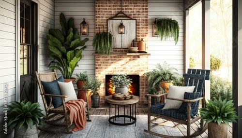 Rustic Farmhouse Style Porch with Wicker Chairs  Hanging Plants and Stone Fireplace  generative ai