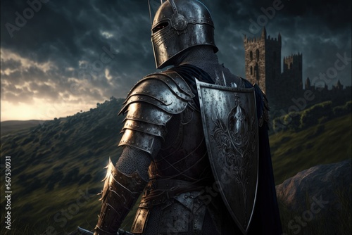 Medieval knight with armor, castle guard, castle in the background. Generative AI 