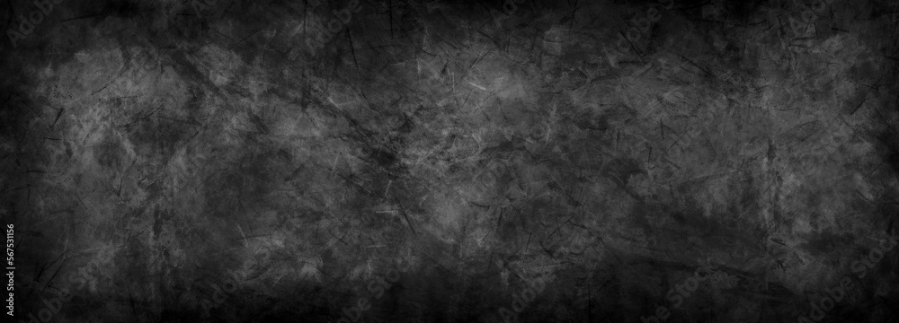 Dark black gray background dirty grimy distress ancient stone painted wall modern wallpaper texture abstract textured metal or vintage marbled paper with grunge border in banner website header design