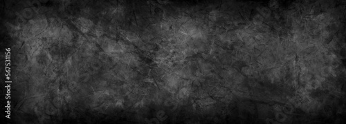 Dark black gray background dirty grimy distress ancient stone painted wall modern wallpaper texture abstract textured metal or vintage marbled paper with grunge border in banner website header design © Aurelia's Dreams