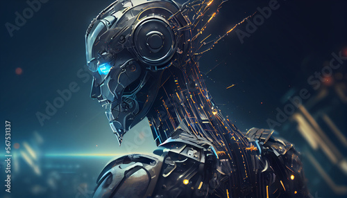 Portrait of humanoid robot, cyber man with a neural network brain. Artificial intelligence. Generative AI illustration.