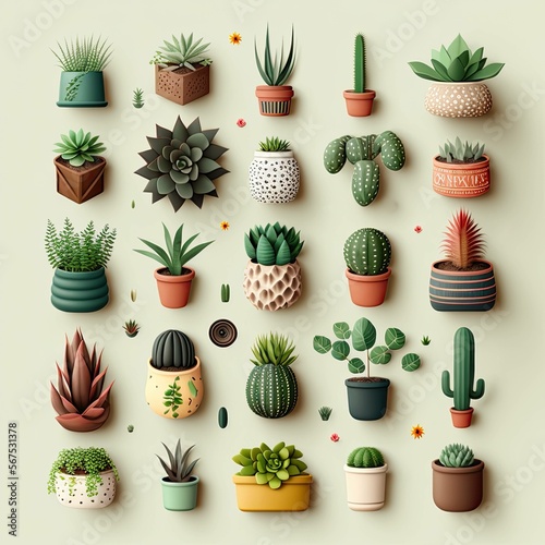 Isolated cactus plants flatlay, cactus knolling, generative ai