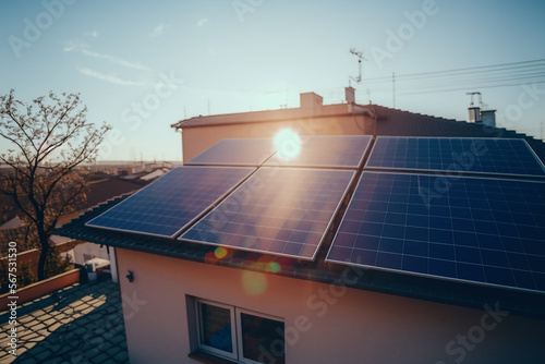 Solar panels on the roof of a building, active at day. cute realistic village...