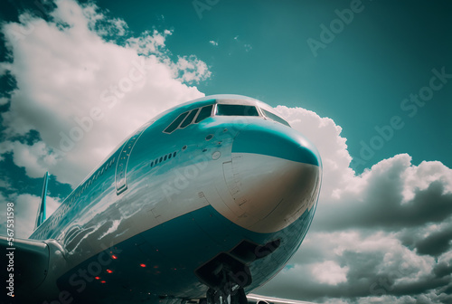 Airplane in blue sky. Illustration Generative AI