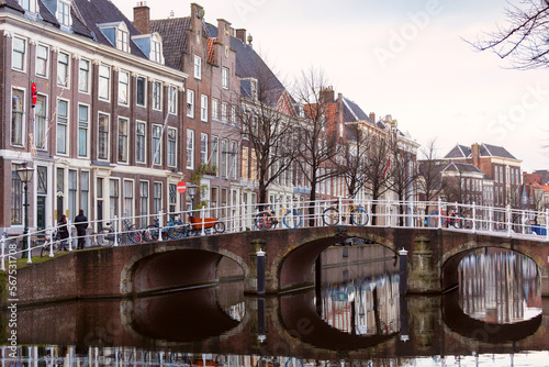 Beautiful old houses on the city embankment of Leiden