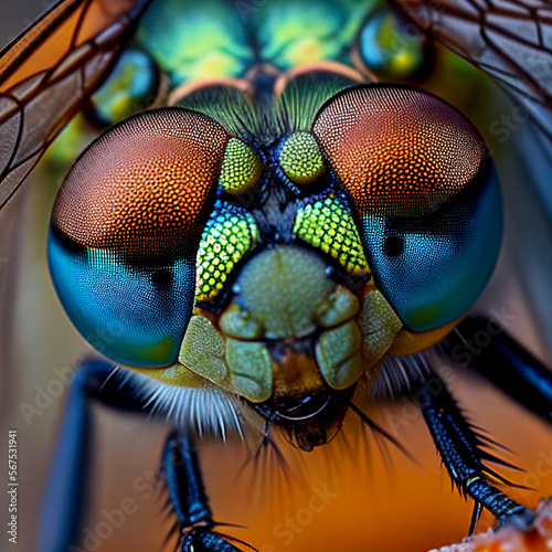 Multicolored fantastic eye blue dragonfly closeup macro, facet vision of insects