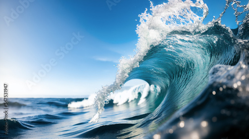 Wave in the ocean with bight sky.