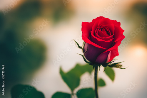 A close-up shot single blooming red rose and soft ligh background blur