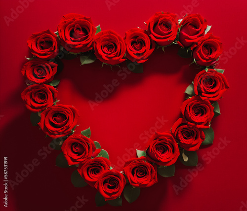 Heart shape red roses on red background