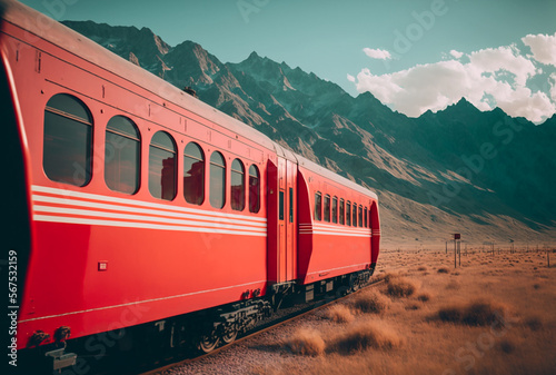 Red train in the beautiful summer mountains. Illustration Generative AI photo