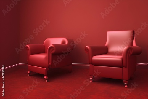 Empty red armchair in elegant dark room with copy space - generative ai