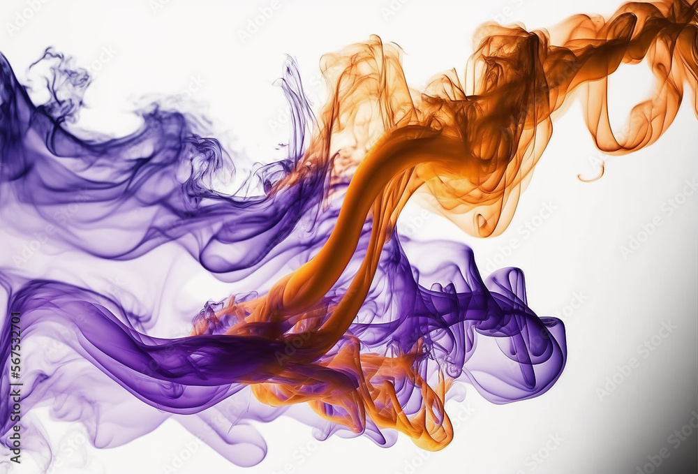 Moving violet and orange flames and smoke on a white background. Illustration Generative AI Moving violet and orange flames and smoke on a white background. Illustration Generative AI