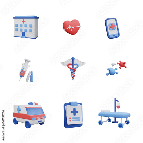 Medical set icons. 3D render icons isolated white background.