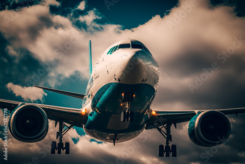 Airplane in blue sky. Illustration Generative AI