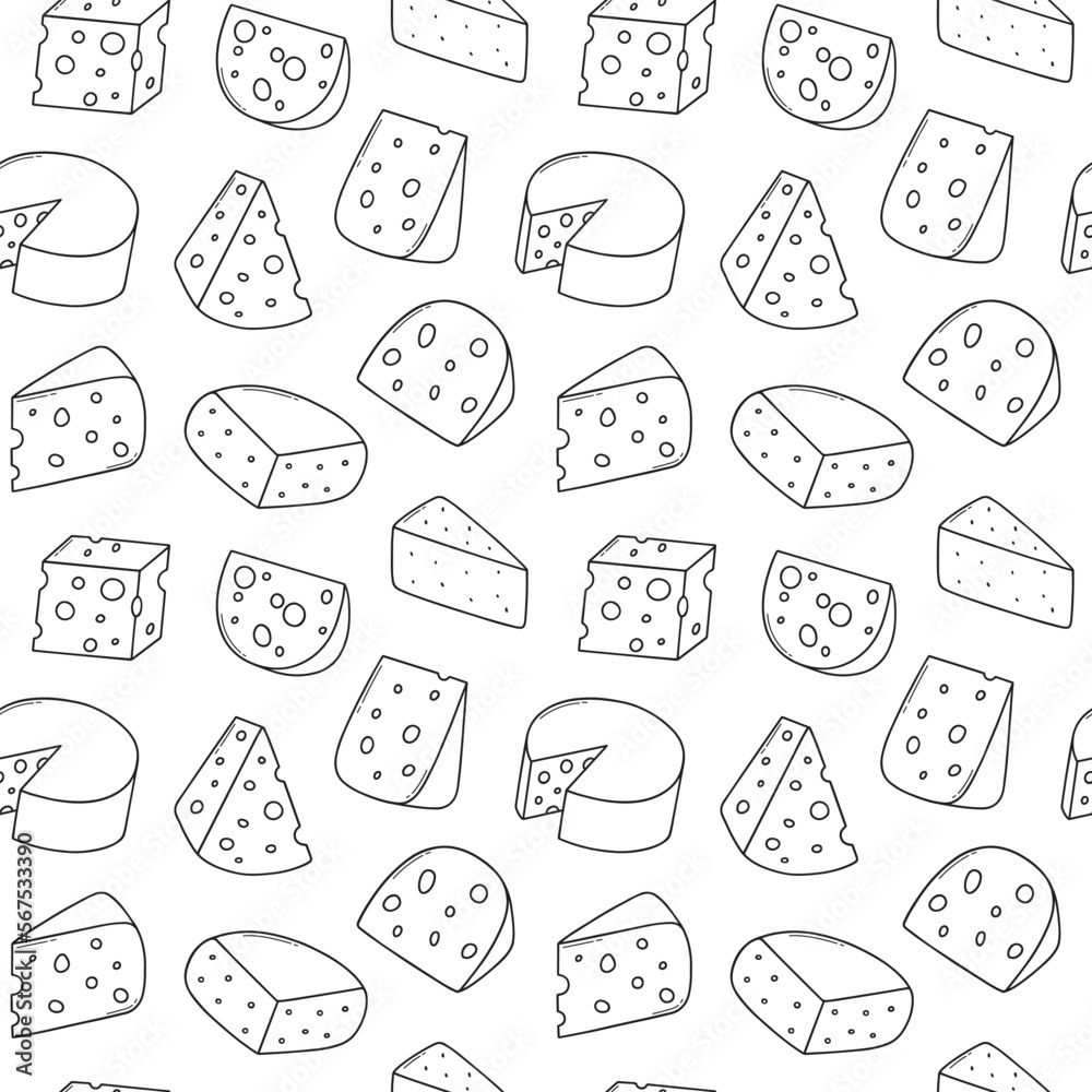 Seamless pattern of cheese doodle set. Cheese types in sketch style