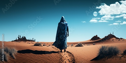 a lonely nomad walking in the sahara desert dunes, fictional person created with generative ai photo