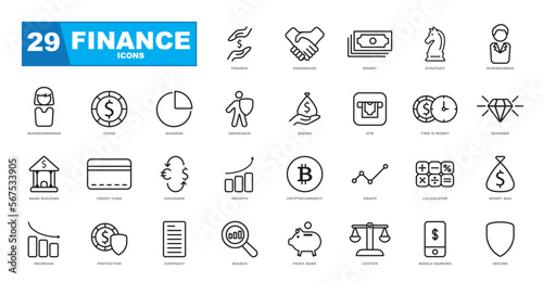 Finance and business line icons collection. Thin outline icons pack. Contains such Icons as Gainers and Losers, Portfolio Analysis, Financial Report and more.