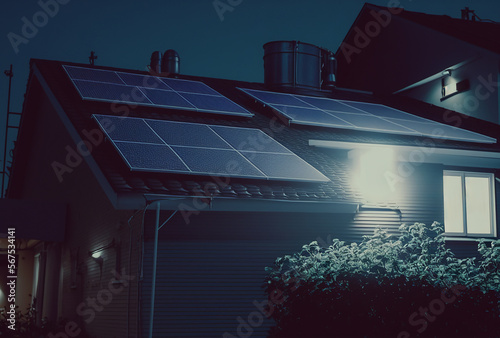 Solar panels on the roof of a building, active at day. cute realistic village...
