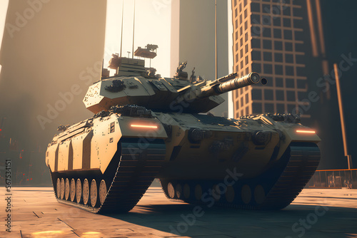 Modern futuristic battle tank with turret and cannon in city center. Neural network generated art photo