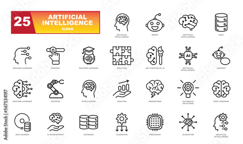Artificial intelligence line icons. thin outline icon set with machine learning, smart robotic and cloud computing network digital AI technology: internet, solving, algorithm, choice sign.