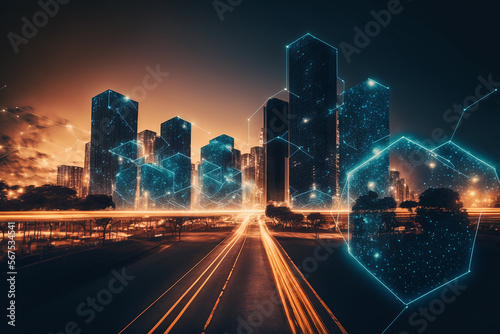 Smart city and, polygon pattern connection with speed line light, technology ...