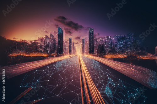 Smart city and, polygon pattern connection with speed line light, technology ...