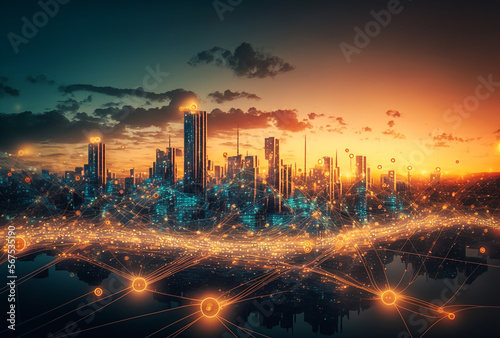 Smart city and abstract pattern connection with speed line light. Illustratio...