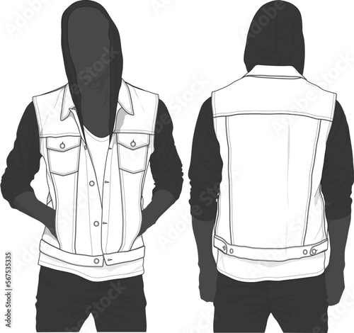 Denim vest sleeveless Jacket model sketch template technical CAD illustration