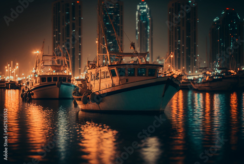 Boats in the harbor at night. Illustration Generative AI