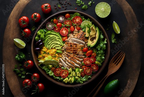 Fresh salad with chicken, tomatoes and mixed greens. Illustration Generative AI