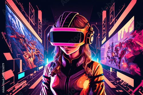 Teenager having fun play VR virtual reality goggle. Illustration Generative AI