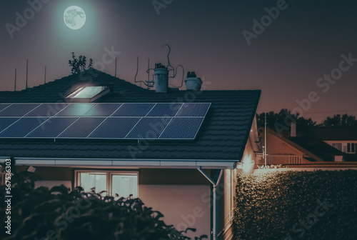 Solar panels on the roof of a building, active at day. cute realistic village...