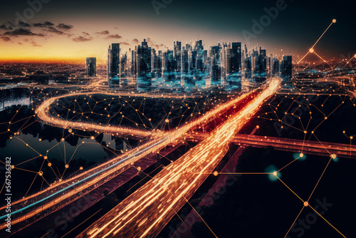 Smart city and, polygon pattern connection with speed line light, technology ...
