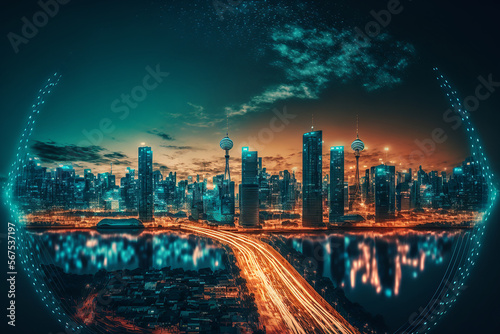 Smart city and, polygon pattern connection with speed line light, technology ...