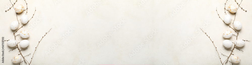 Banner with Easter eggs and branches on light background with space for text Banner with Easter eggs and branches on light background with space for text