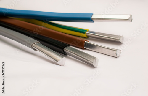aluminum electrical cables, ends of wires, on a white background