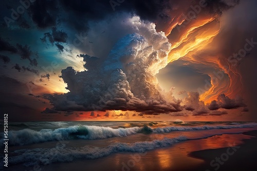 Dramatic clouds over ocean sunset, ai