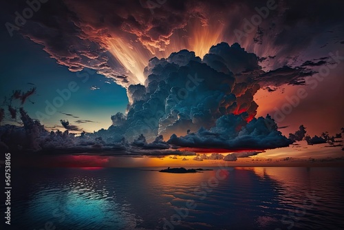 Dramatic clouds over ocean sunset, ai