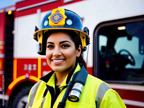 Portrait of a female firefighter. Made with Generative AI.