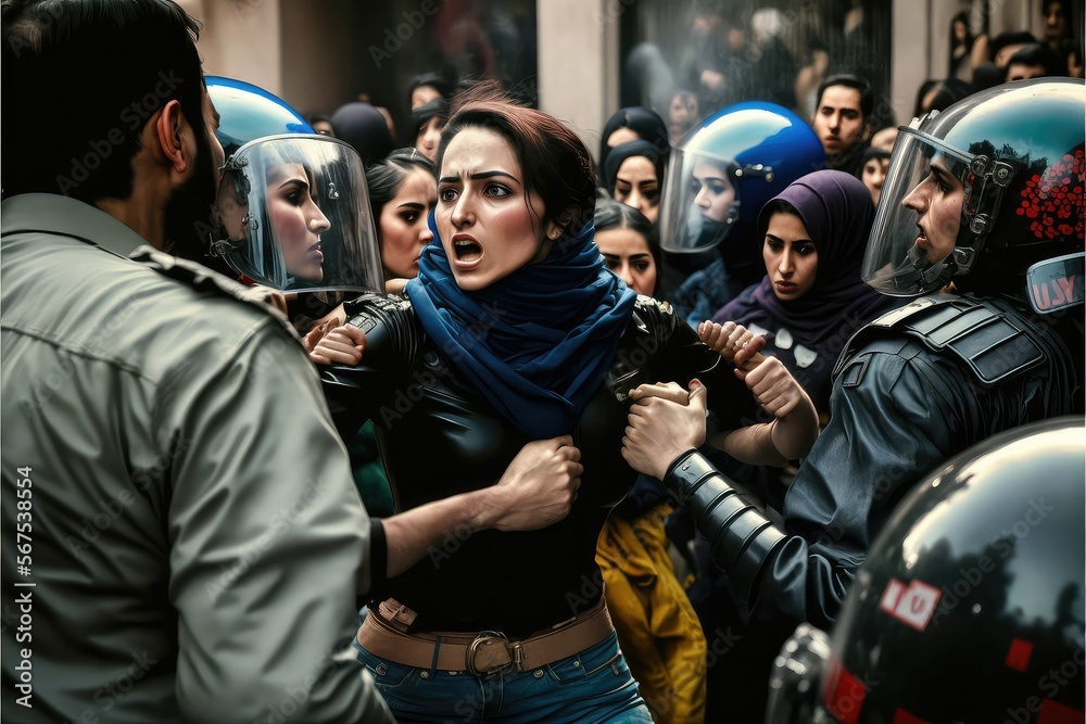 Woman protester being held by the police in a crowd of people on the streets, generative ai
