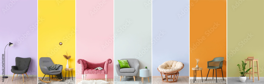Group of minimalist interiors with stylish furniture and decor near color  walls Stock Photo | Adobe Stock