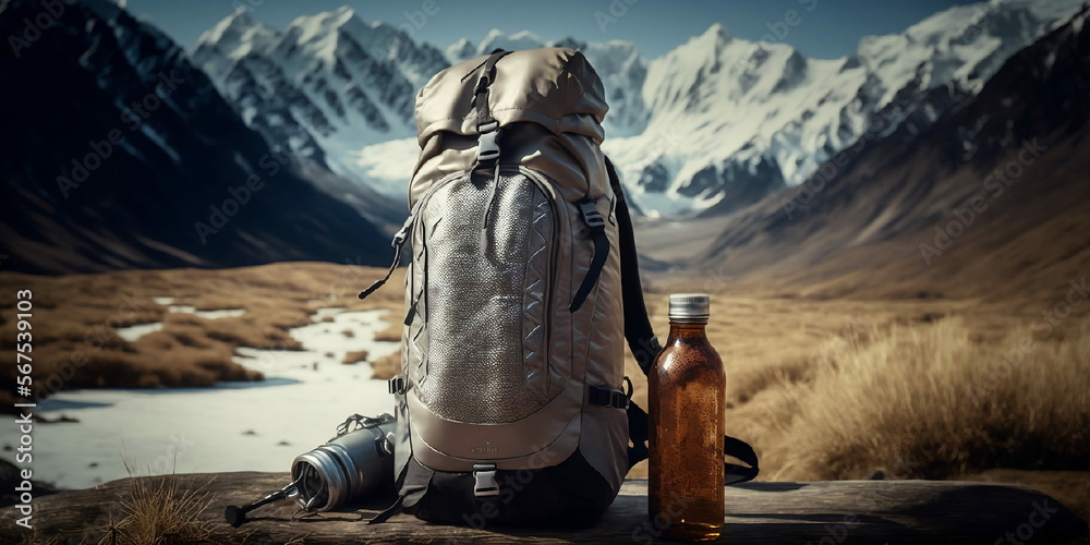 sac à dos de randonnée et gourde en métal posés sur le sol avec en arrière-plan des montagnes enneigées - illustration ia