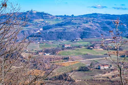 Winter panorama of the hills of Langhe (Piedmont, Northern Italy); this area is world famous for valuable red and sparkling wines production and hazelnuts cultivation.