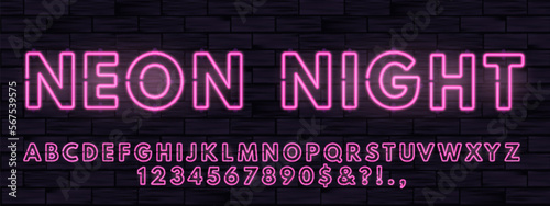 Neon alphabet. Bright letters vector illustration. Font on black brick wall background.
