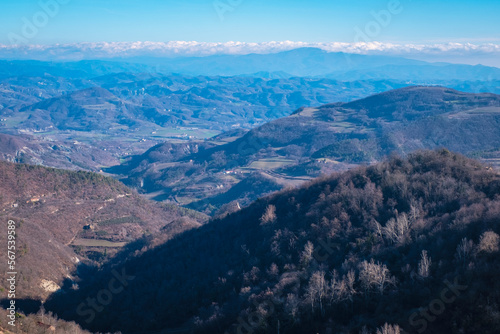 Winter panorama of the hills of Langhe (Piedmont, Northern Italy)  this area is world famous for valuable red and sparkling wines production and hazelnuts cultivation. © stefanopez