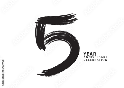 5 year anniversary celebration logotype black paintbrush vector, 5 number design, 5th Birthday invitation, anniversary template, logo number design vector, calligraphy font, typography logo
