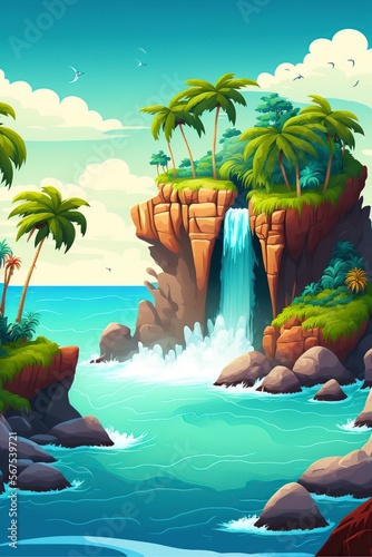 cartoon illustration, island with waterfall in the rocky ocean with beach and palm, generative ai