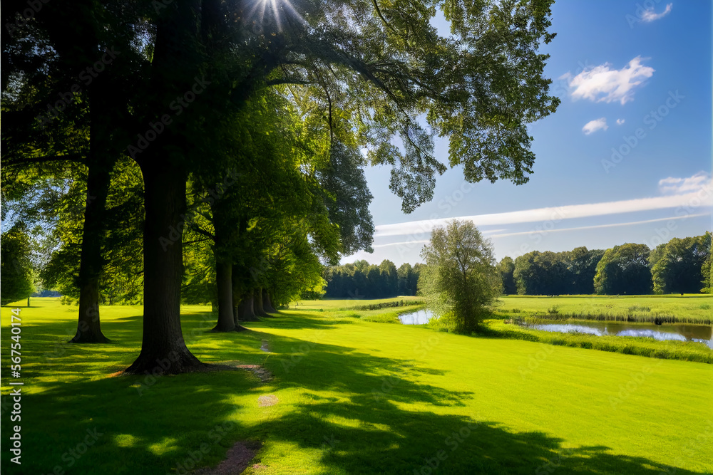Naklejka premium Beautiful warm summer widescreen natural landscape of park with a glade of fresh grass lit by sun, Generative Ai